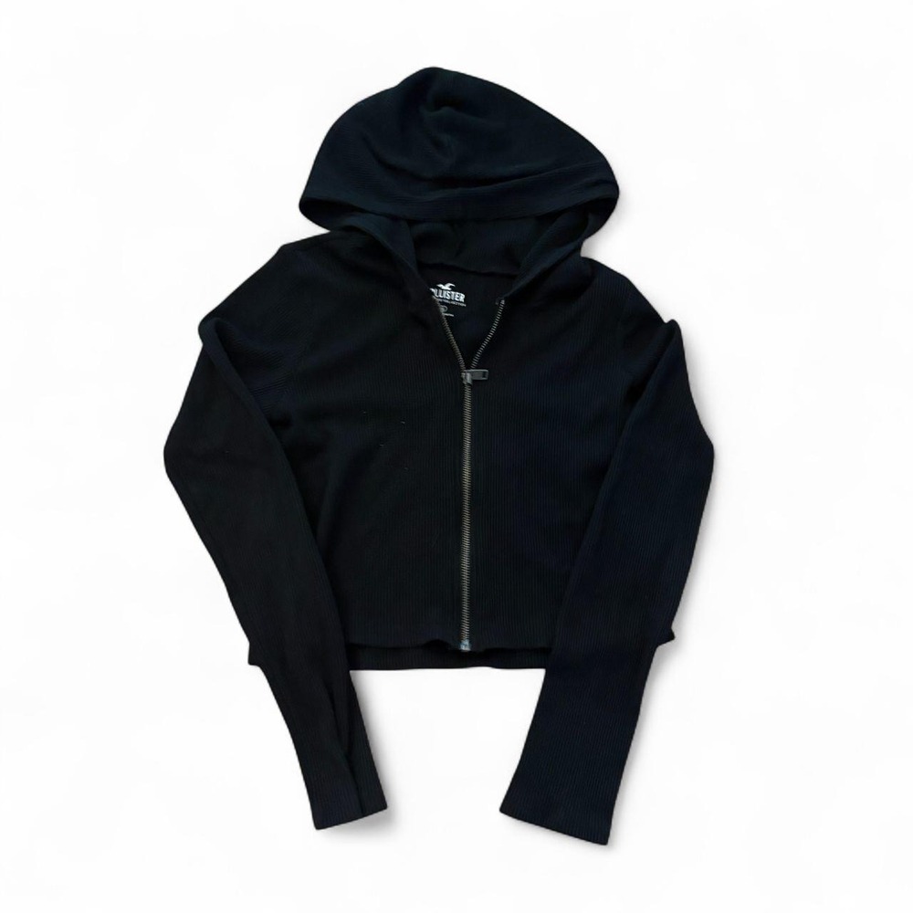 Hollister Black Waffle Knit Cropped Zip Up Hoodie Womens Small